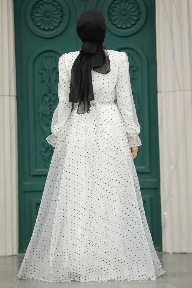 Stylish White Islamic Long Sleeve Maxi Dress 3871B - 3
