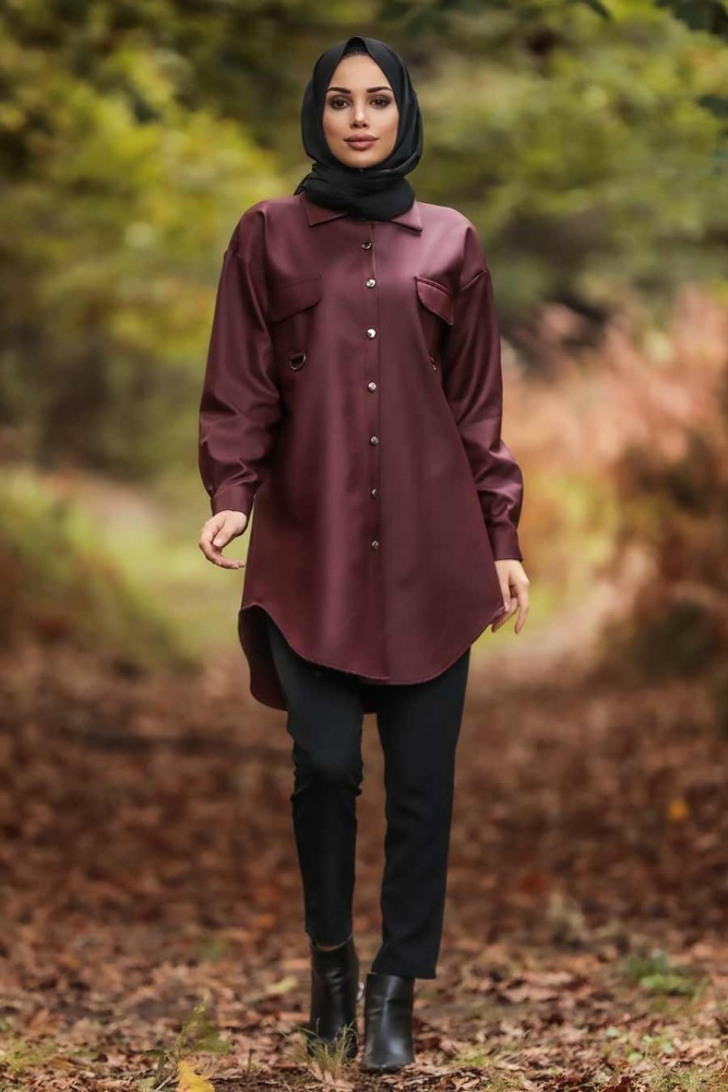 Neva Style - Suni Deri Bordo Tesettür Gömlek 5583BR - NEVA STYLE