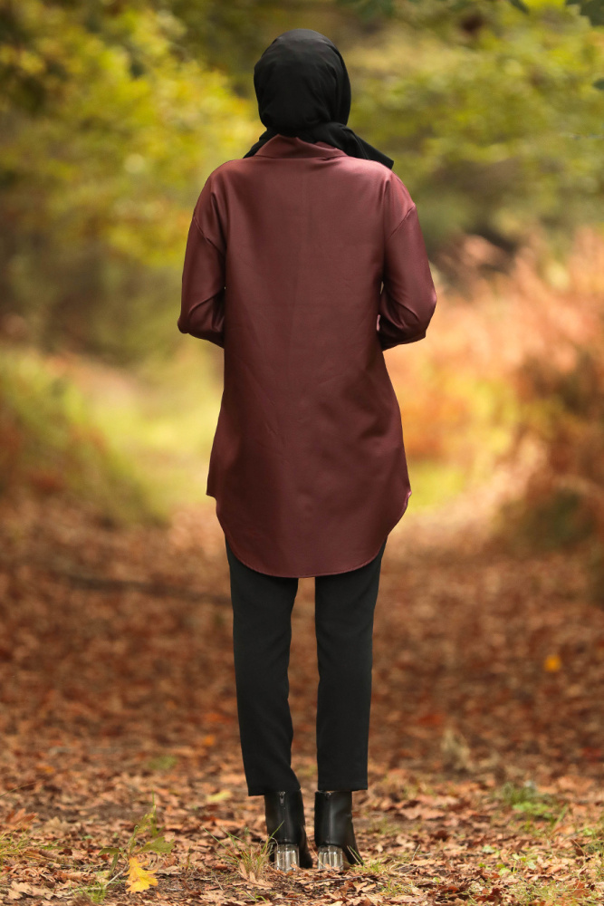 Neva Style - Suni Deri Bordo Tesettür Gömlek 5583BR - 2