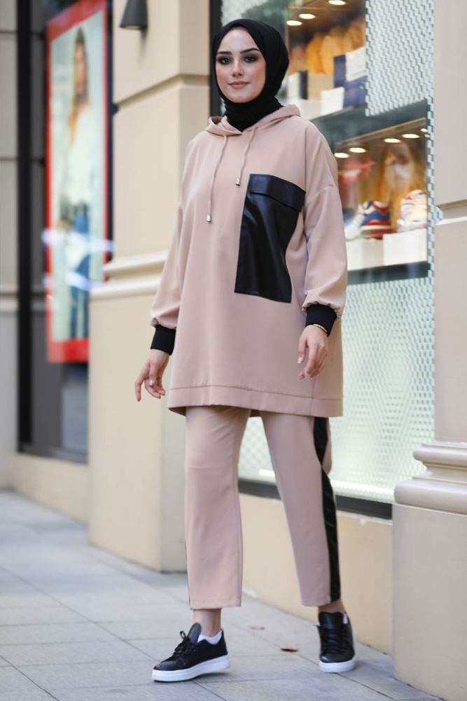 Neva Style - Suni Deri Detaylı Bisküvi Tesettür İkili Takım 1313BS - 2
