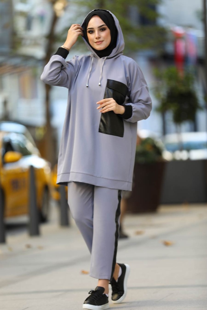 Neva Style - Suni Deri Detaylı Koyu Lila Tesettür İkili Takım 1313KLILA - 1