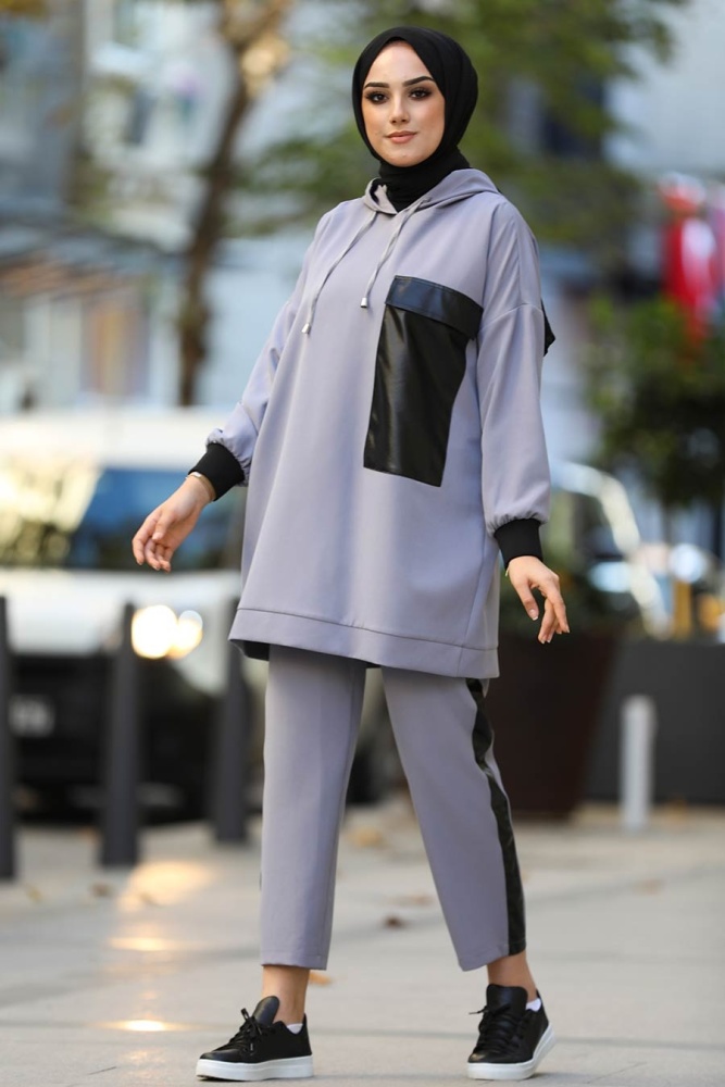 Neva Style - Suni Deri Detaylı Koyu Lila Tesettür İkili Takım 1313KLILA - 2