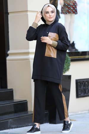 Neva Style - Suni Deri Detaylı Siyah Tesettür İkili Takım 1313S - 1
