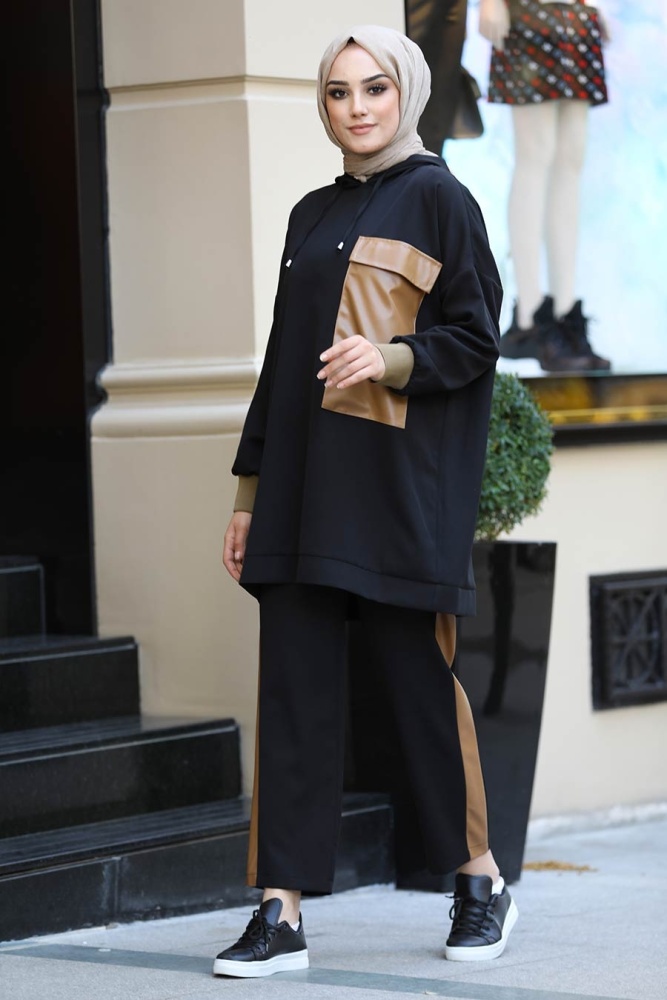 Neva Style - Suni Deri Detaylı Siyah Tesettür İkili Takım 1313S - 2
