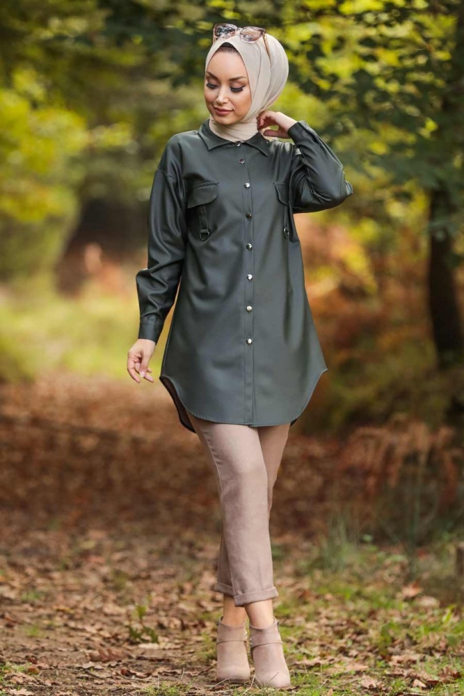 Neva Style - Suni Deri Haki Tesettür Gömlek 5583HK - 2