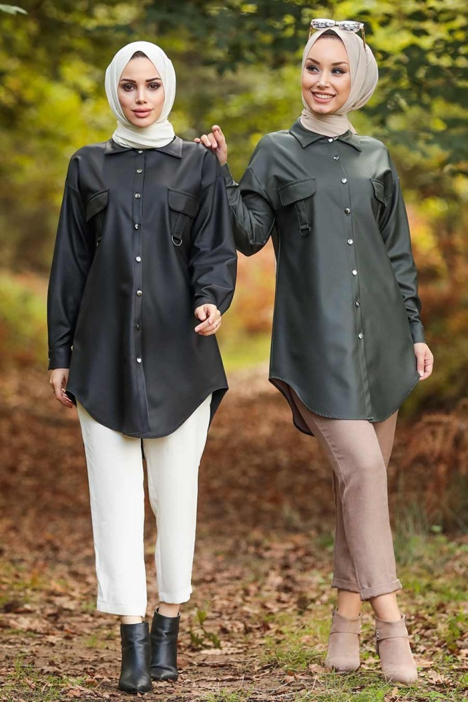 Neva Style - Suni Deri Haki Tesettür Gömlek 5583HK - 3