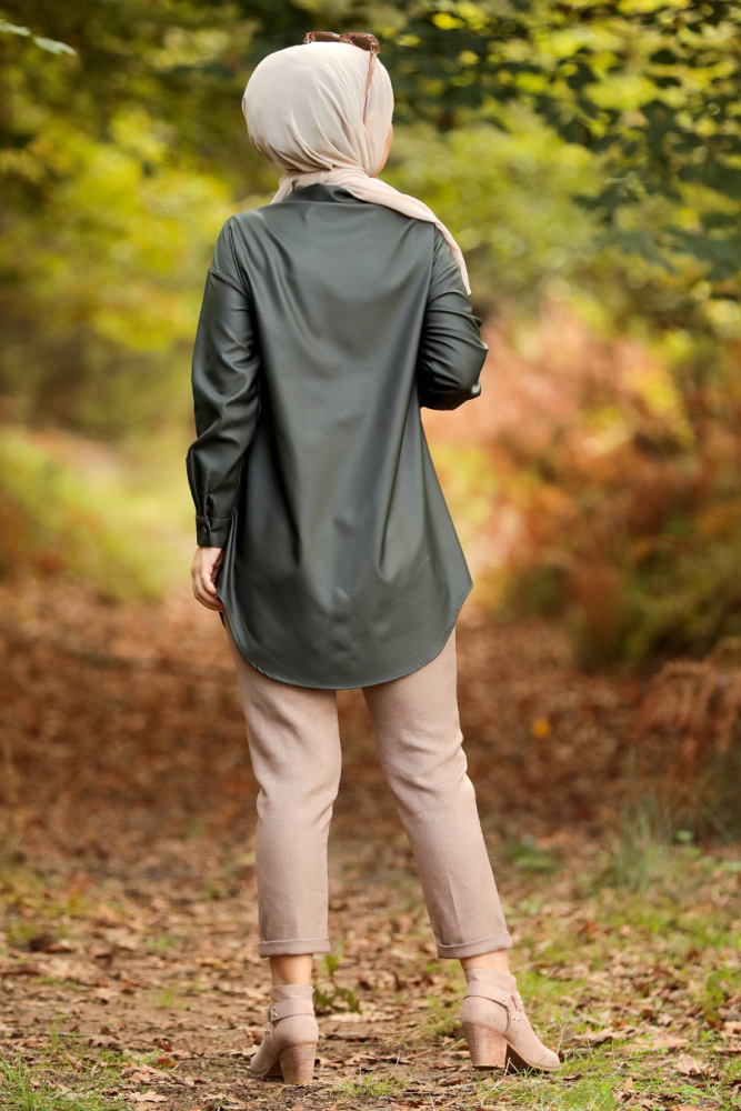 Neva Style - Suni Deri Haki Tesettür Gömlek 5583HK - 4