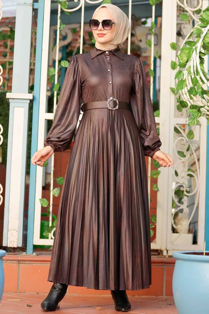 Neva Style - Suni Deri Kahverengi Tesettür Elbise 7630KH - 1