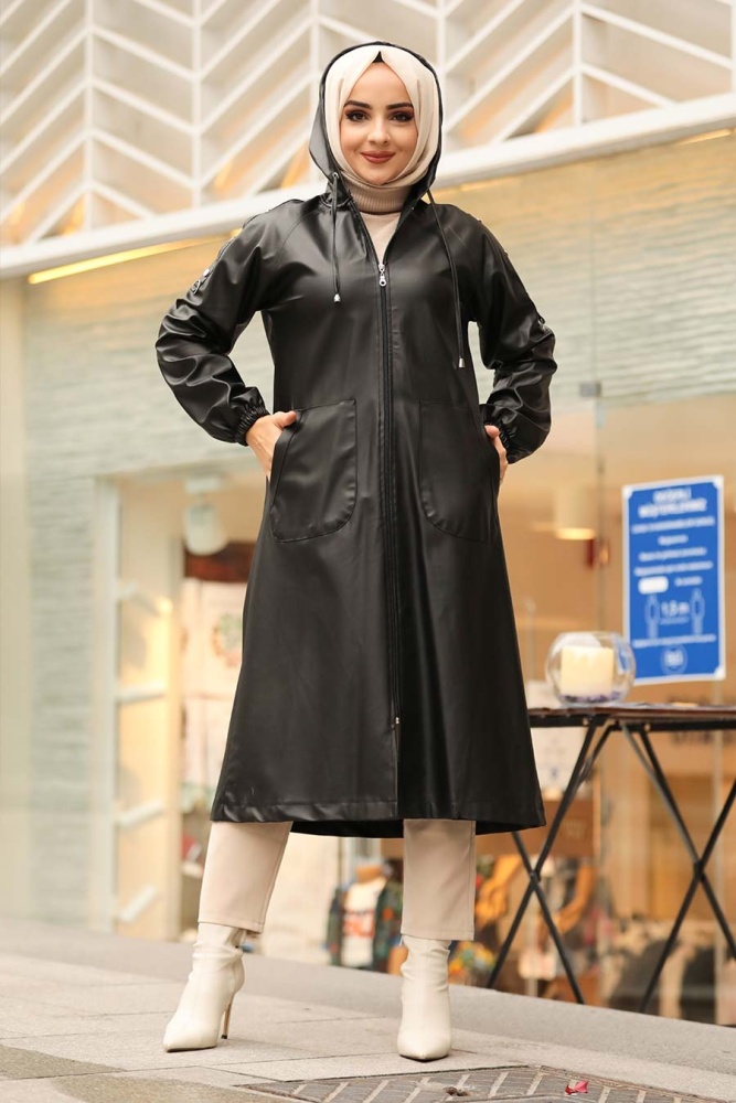 Neva Style - Suni Deri Kapşonlu Siyah Tesettür Kap 1319S - 1