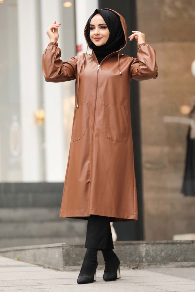 Neva Style - Suni Deri Kapşonlu Taba Tesettür Kap 1319TB - 1