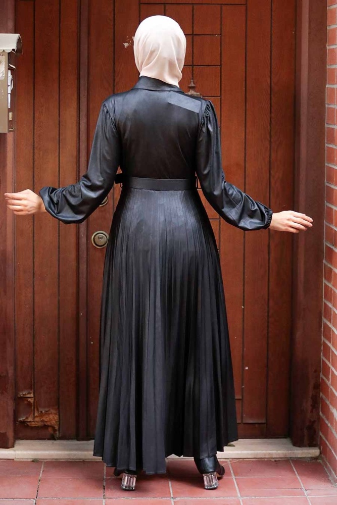 Neva Style - Suni Deri Siyah Tesettür Elbise 7630S - 2