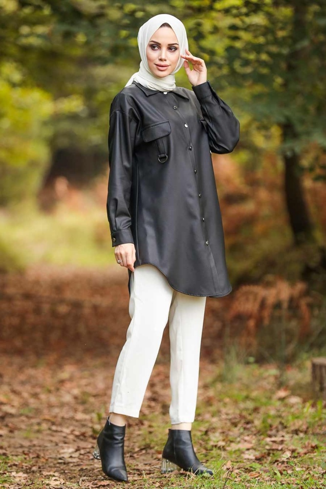 Neva Style - Suni Deri Siyah Tesettür Gömlek 5583S - 2