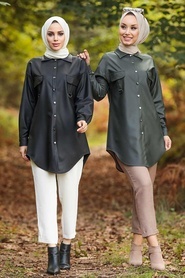 Neva Style - Suni Deri Siyah Tesettür Gömlek 5583S - Thumbnail