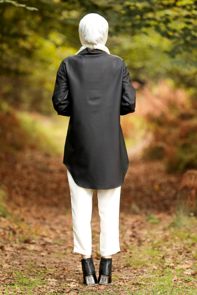 Neva Style - Suni Deri Siyah Tesettür Gömlek 5583S - 4