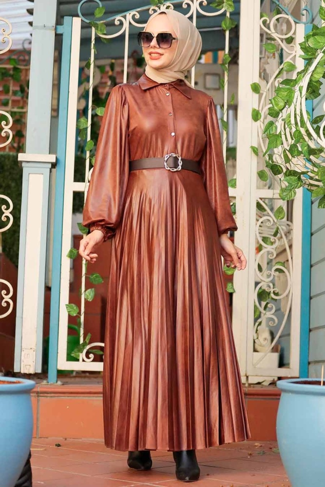 Neva Style - Suni Deri Taba Tesettür Elbise 7630TB - 1