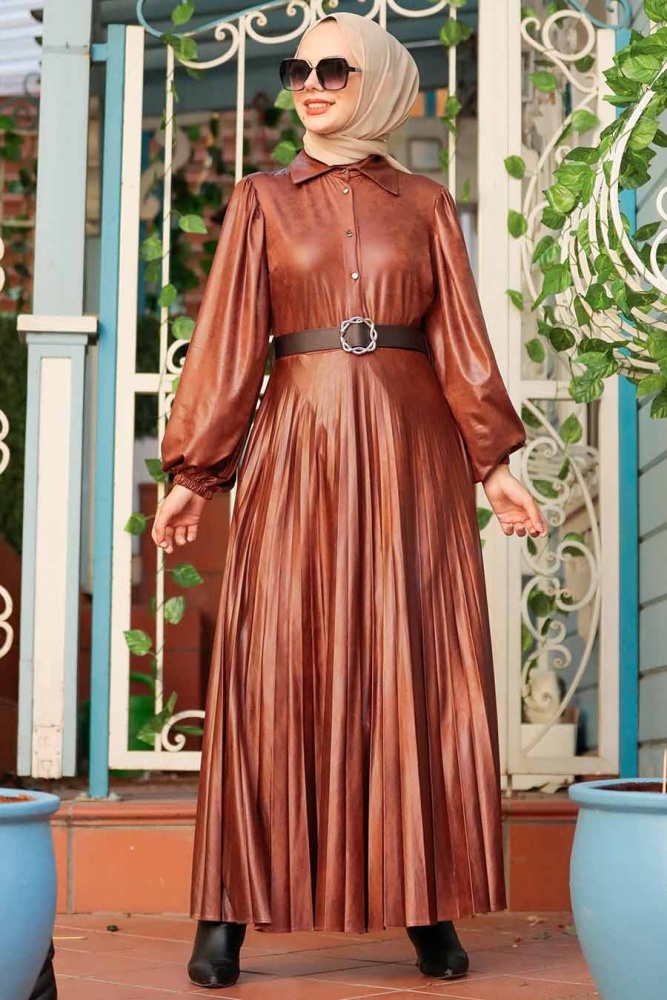 Neva Style - Suni Deri Taba Tesettür Elbise 7630TB - 2