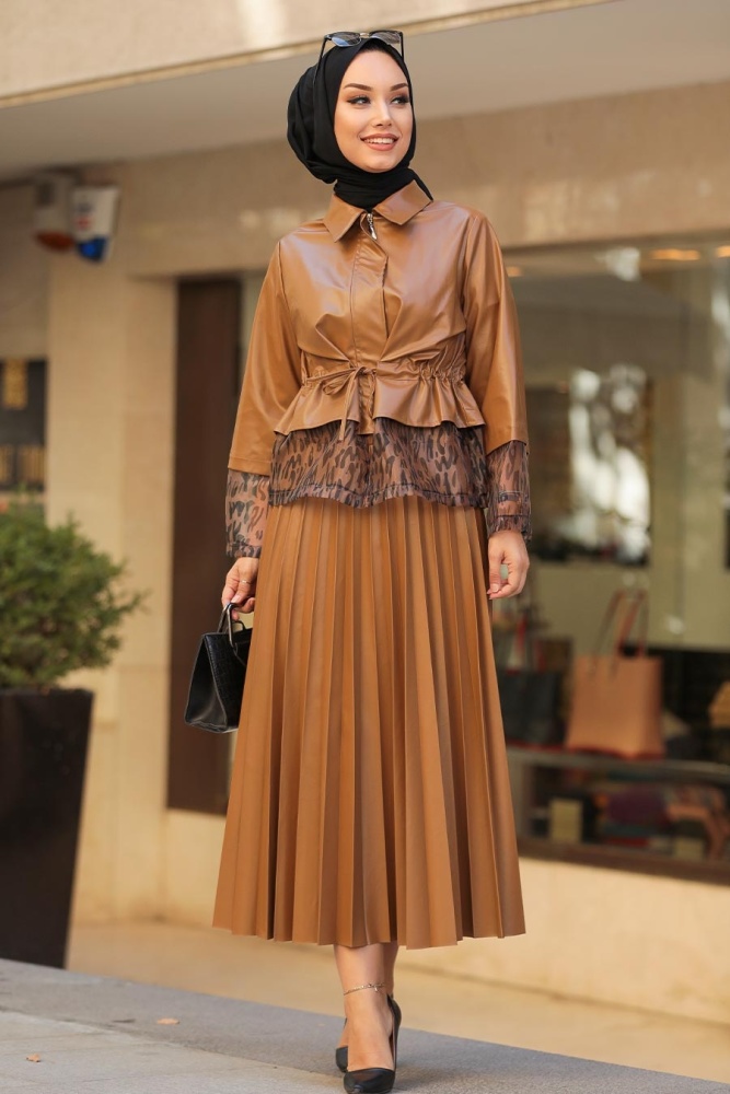 Neva Style - Suni Deri Taba Tesettür İkili Takım 1294TB - 3