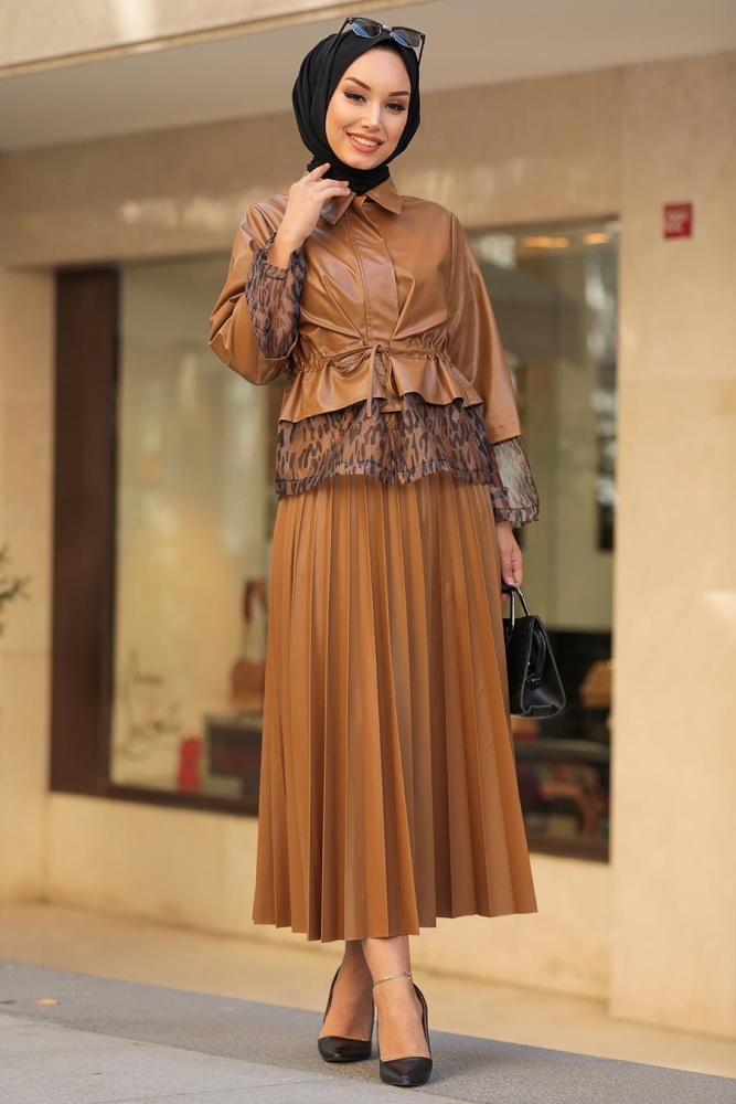 Neva Style - Suni Deri Taba Tesettür İkili Takım 1294TB - 4