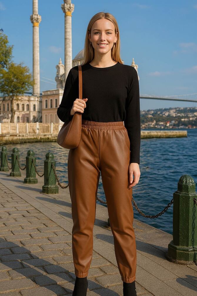 Neva Style - Suni Deri Taba Tesettür Pantolon 10210TB - 1