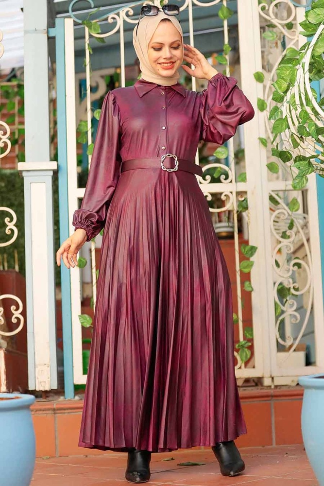 Neva Style - Suni Deri Vişne Tesettür Elbise 7630VSN - 1