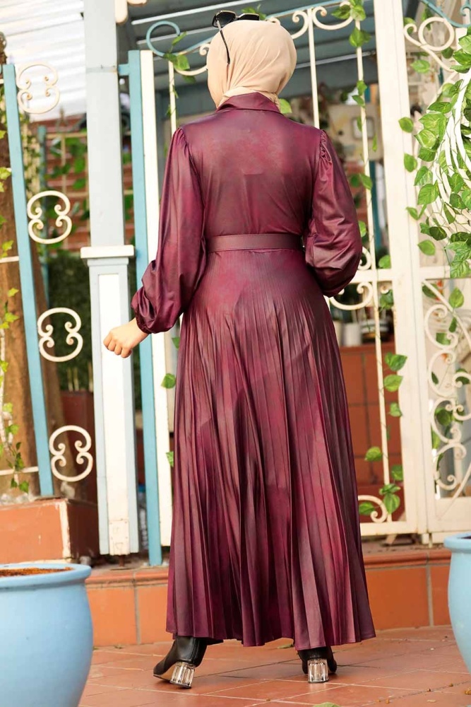 Neva Style - Suni Deri Vişne Tesettür Elbise 7630VSN - 2