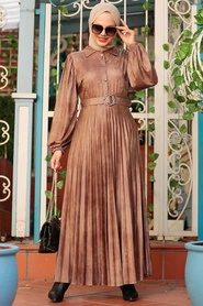 Neva Style - Suni Deri Vizon Tesettür Elbise 7630V - Thumbnail