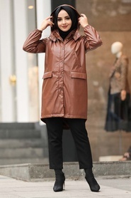 Neva Style - Sunuff Colored Hijab Leather Coat 1305TB - Thumbnail