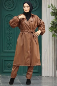 Neva Style - Sunuff Colored Hijab Leather Coat 1640TB - Thumbnail