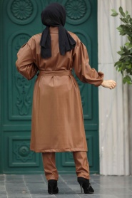 Neva Style - Sunuff Colored Hijab Leather Coat 1640TB - Thumbnail