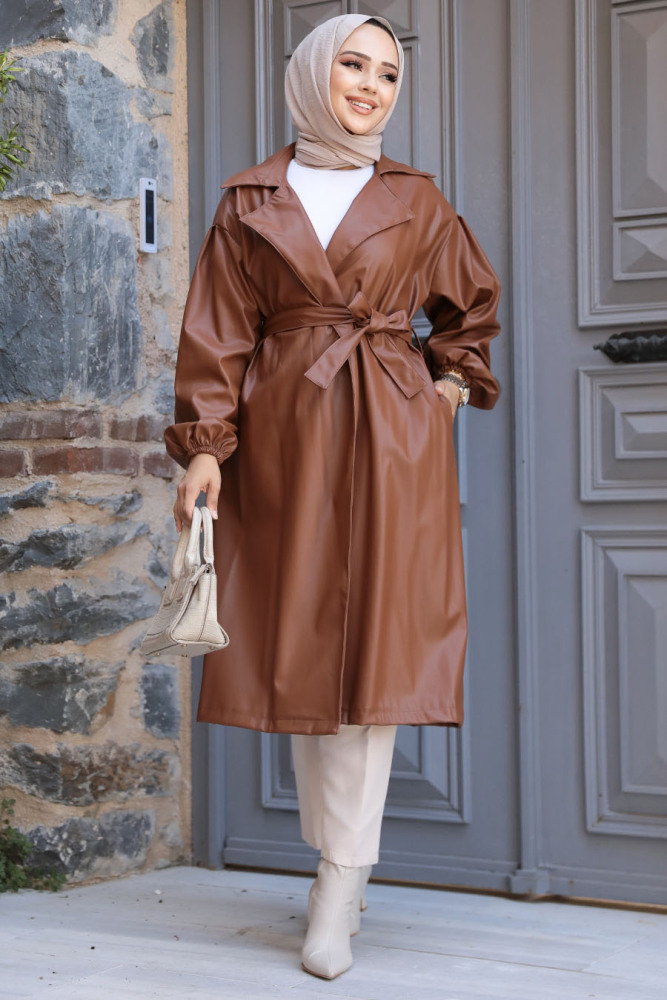 Neva Style - Sunuff Colored Hijab Leather Coat 1640TB - 1