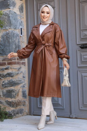 Neva Style - Sunuff Colored Hijab Leather Coat 1640TB - 2