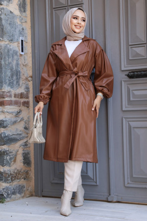 Neva Style - Sunuff Colored Hijab Leather Coat 1640TB - 3