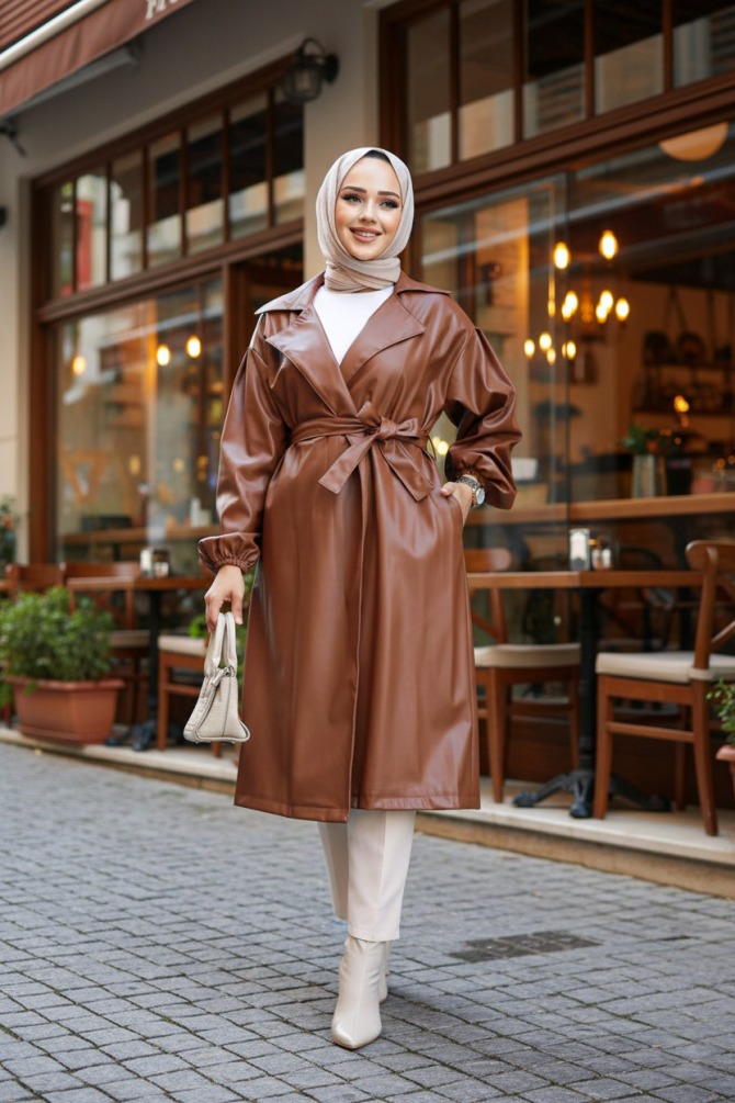 Neva Style - Sunuff Colored Hijab Leather Coat 1640TB - 1