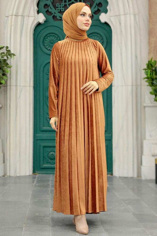 Sunuff Colored Hijab Velvet Dress 1287TB - 2