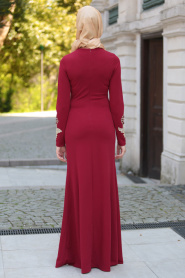 Neva Style - Taş İşlemeli Dantelli Kırmızı Tesettür Abiye Elbise 10033K - Thumbnail