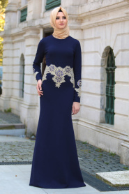 Neva Style - Taş İşlemeli Dantelli Lacivert Tesettür Abiye Elbise 10033L - Thumbnail