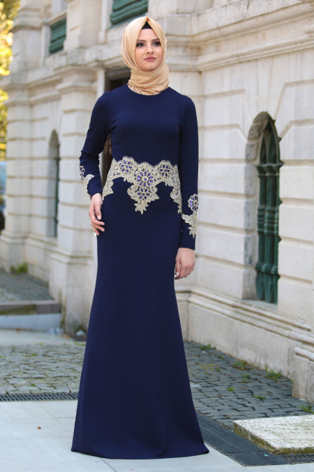 Neva Style - Taş İşlemeli Dantelli Lacivert Tesettür Abiye Elbise 10033L