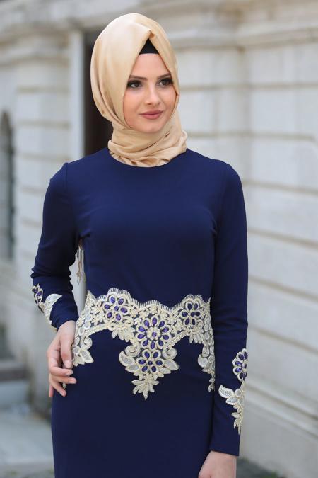 Neva Style - Taş İşlemeli Dantelli Lacivert Tesettür Abiye Elbise 10033L - 2