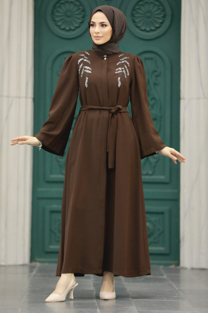  Taş İşlemeli Kahverengi Tesettür Abaya 8980KH - 1