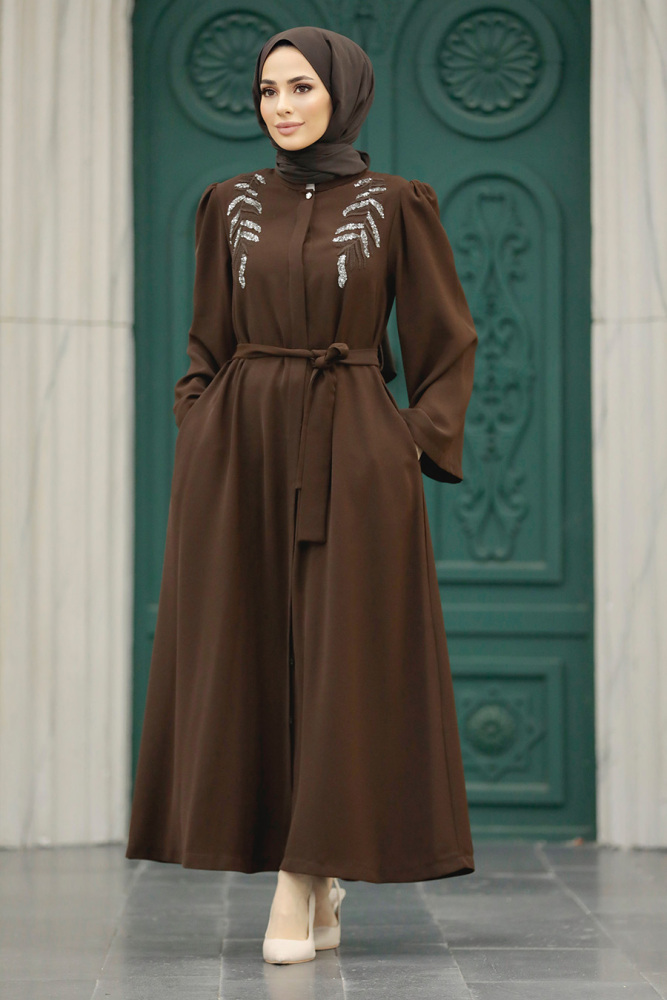  Taş İşlemeli Kahverengi Tesettür Abaya 8980KH - 2