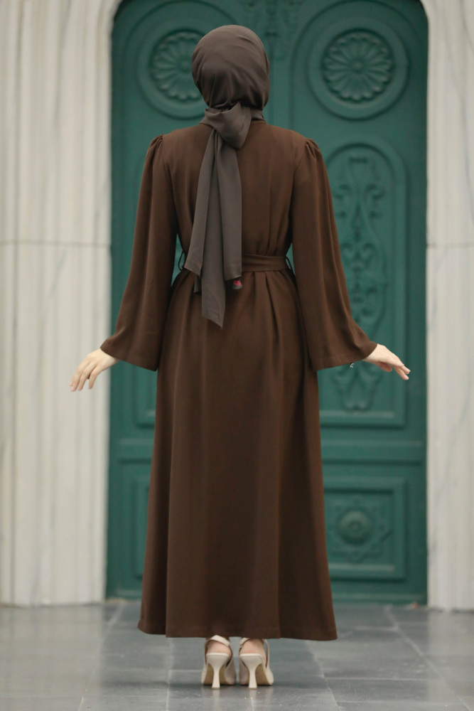  Taş İşlemeli Kahverengi Tesettür Abaya 8980KH - 3