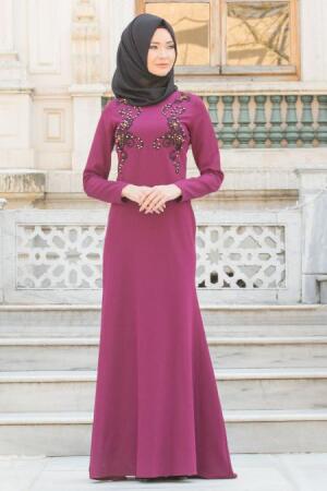 Neva Style - Taş İşlemeli Mürdüm Tesettür Abiye Elbise 10016MU - 1