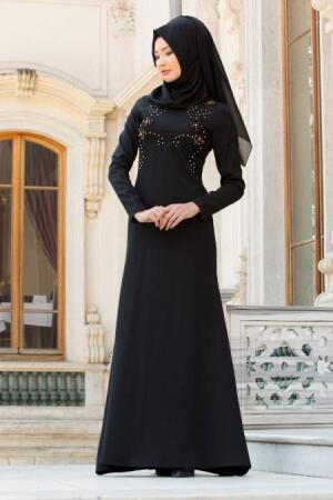 Neva Style - Taş İşlemeli Siyah Tesettür Abiye Elbise 10016S - 1