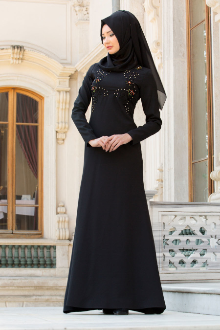Neva Style - Taş İşlemeli Siyah Tesettür Abiye Elbise 10016S