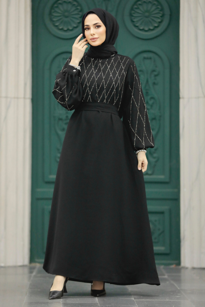 Neva Style - Taş İşlemeli Siyah Tesettür Elbise 20412S - 1