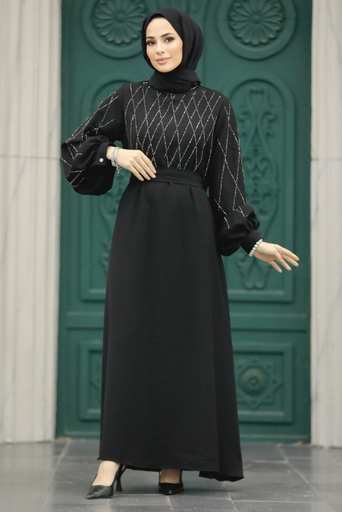 Neva Style - Taş İşlemeli Siyah Tesettür Elbise 20412S - 2