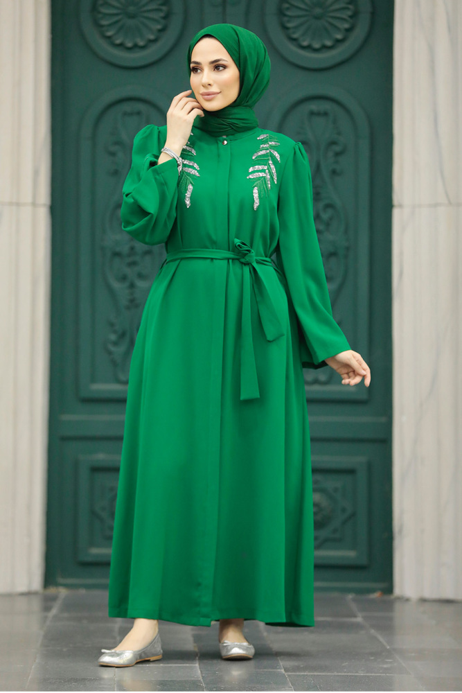  Taş İşlemeli Yeşil Tesettür Abaya 8980Y - 1