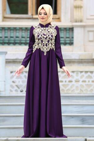 Neva Style - Taşlı Mor Tesettür Abiye Elbise 3589MOR - 1