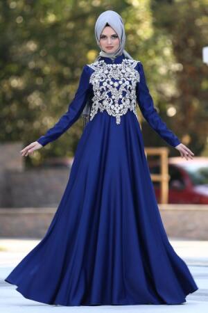 Neva Style - Taşlı Morcivert Tesettür Abiye Elbise 3589MRL - 1