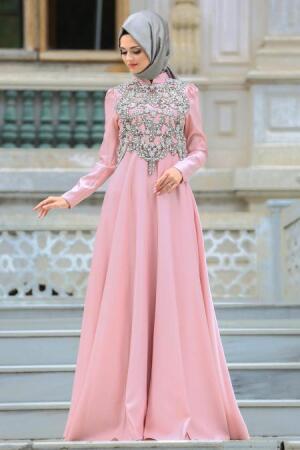 Neva Style - Taşlı Pudra Tesettür Abiye Elbise 3589PD - 1